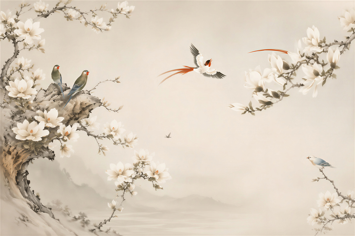 Fototapeten Vögel spielen auf Blumen