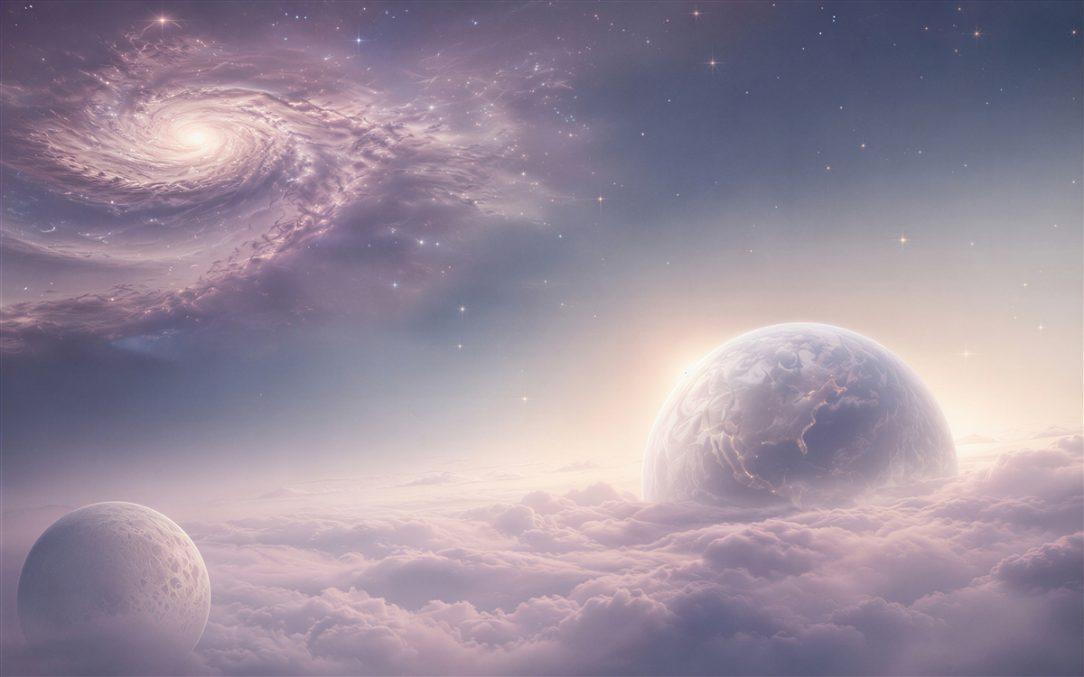 Fototapeten Weltraumgalaxie und Planeten in pastellfarbenen Wolken