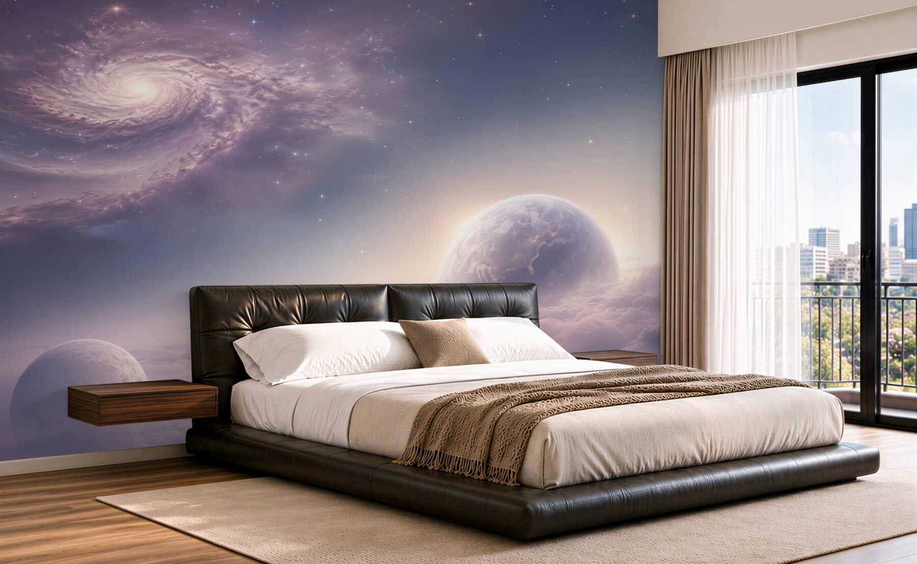 Fototapeten Weltraumgalaxie und Planeten in pastellfarbenen Wolken