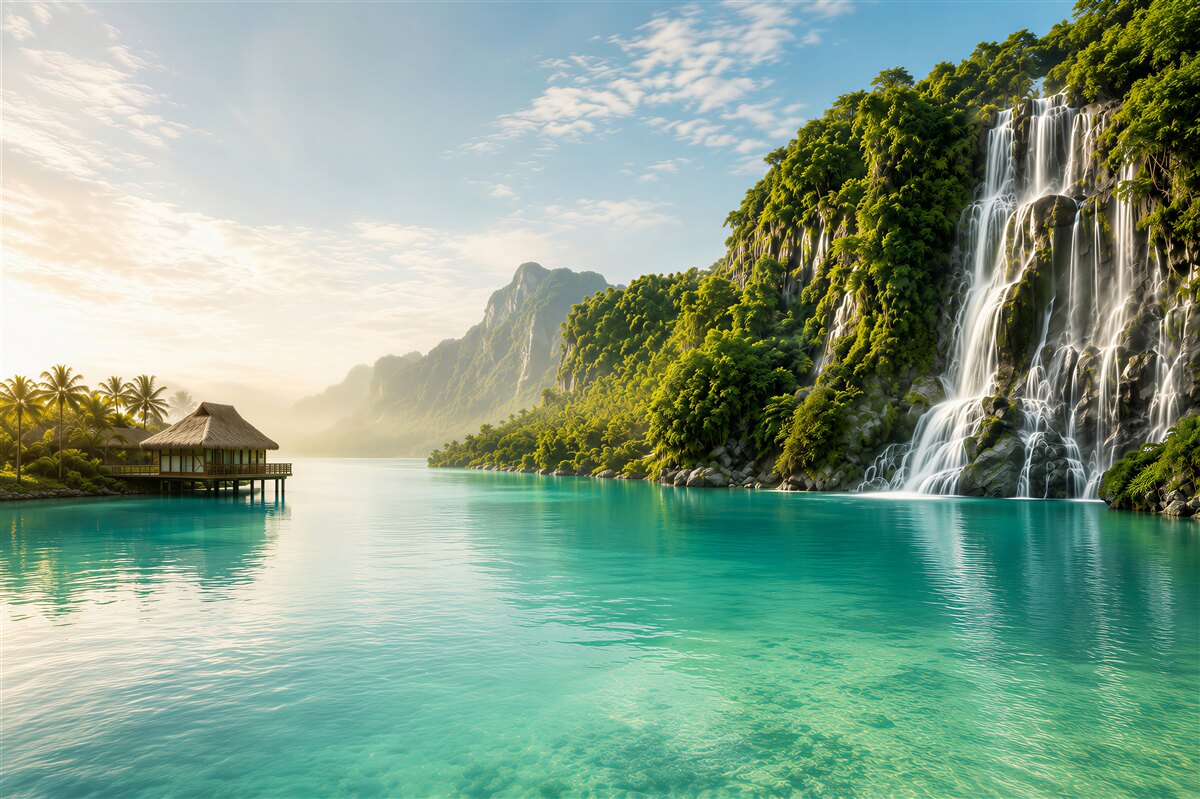 Fototapeten tropischer Wasserfall über einer türkisfarbenen Lagune mit Bungalow