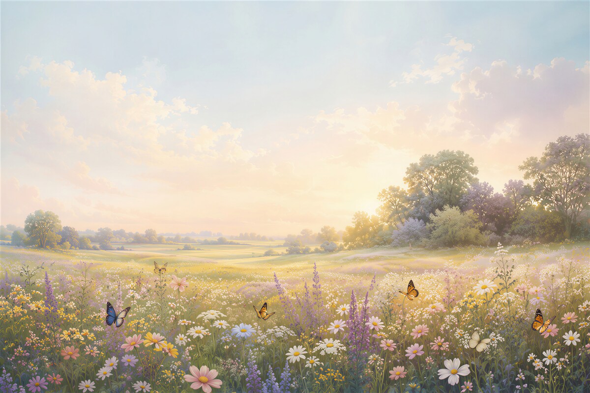 Fototapeten blühende Wiese mit Schmetterlingen bei Sonnenaufgang