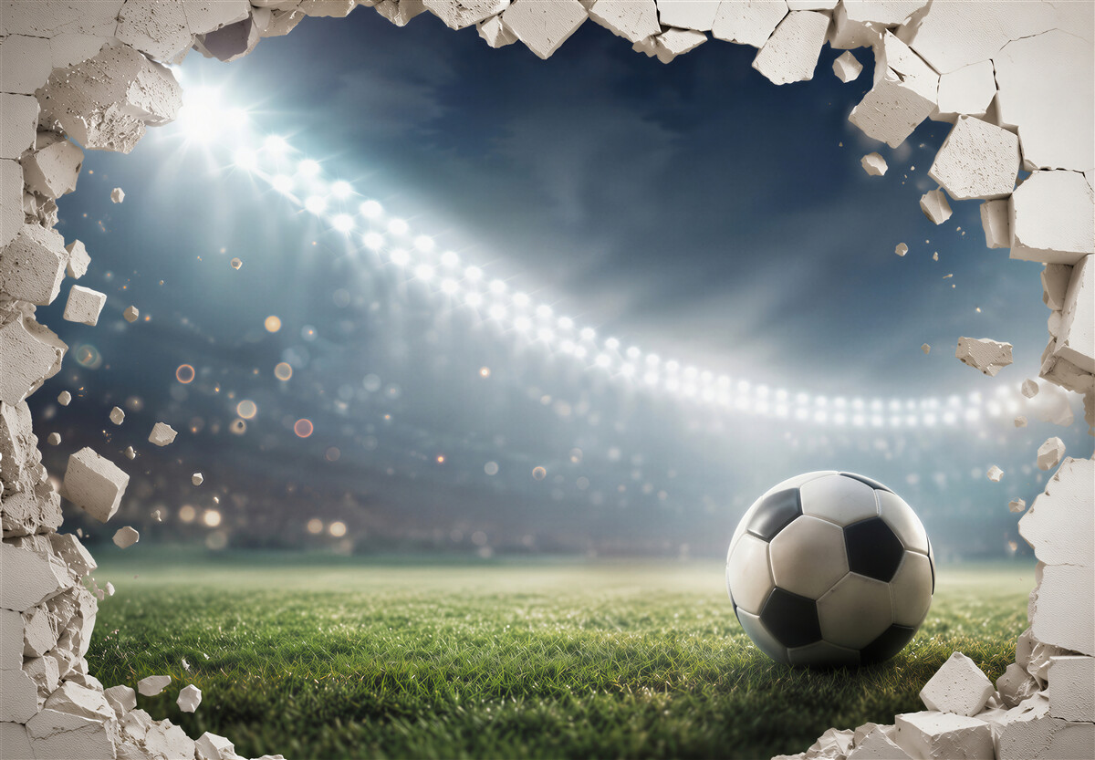 Fototapeten Fußball im Stadion mit Risswand-Effekt