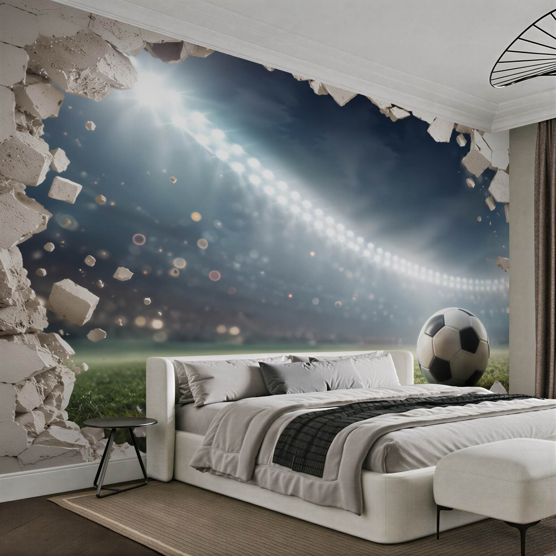 Fototapeten Fußball im Stadion mit Risswand-Effekt