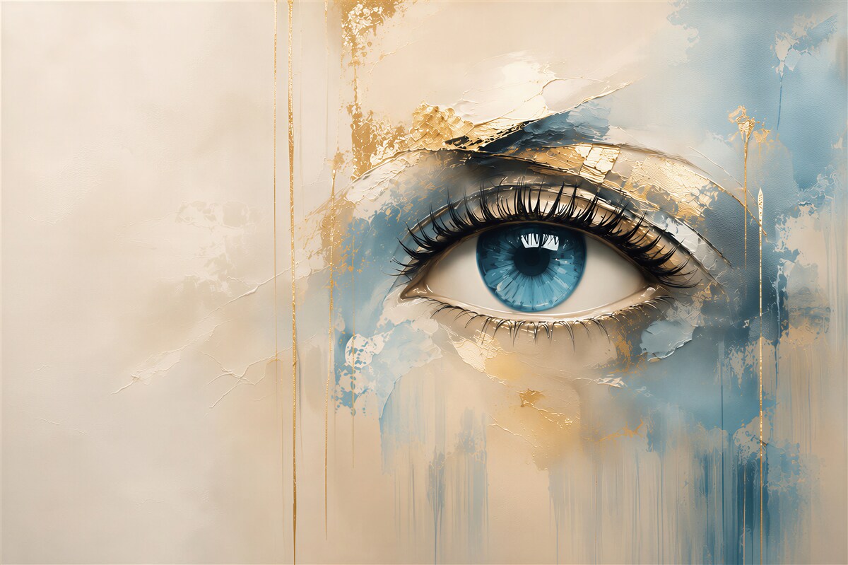 Fototapeten blaues Auge im Aquarellstil mit goldenen Akzenten