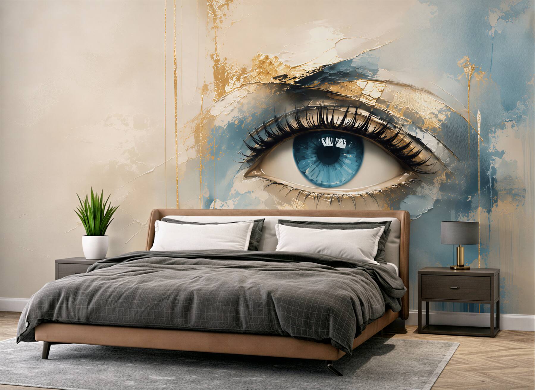 Fototapeten blaues Auge im Aquarellstil mit goldenen Akzenten