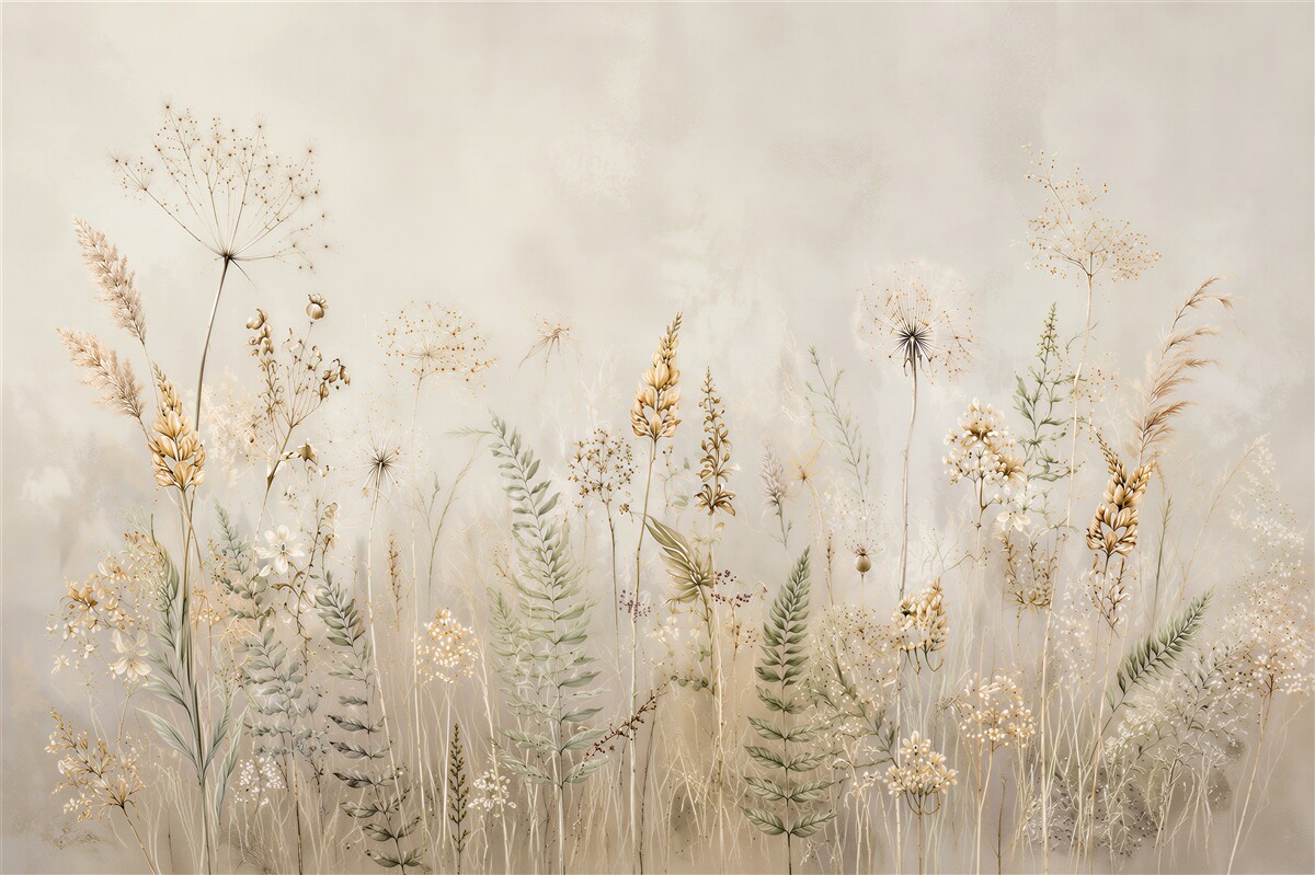 Fototapeten beige Wildblumen und Gräser im romantischen Stil
