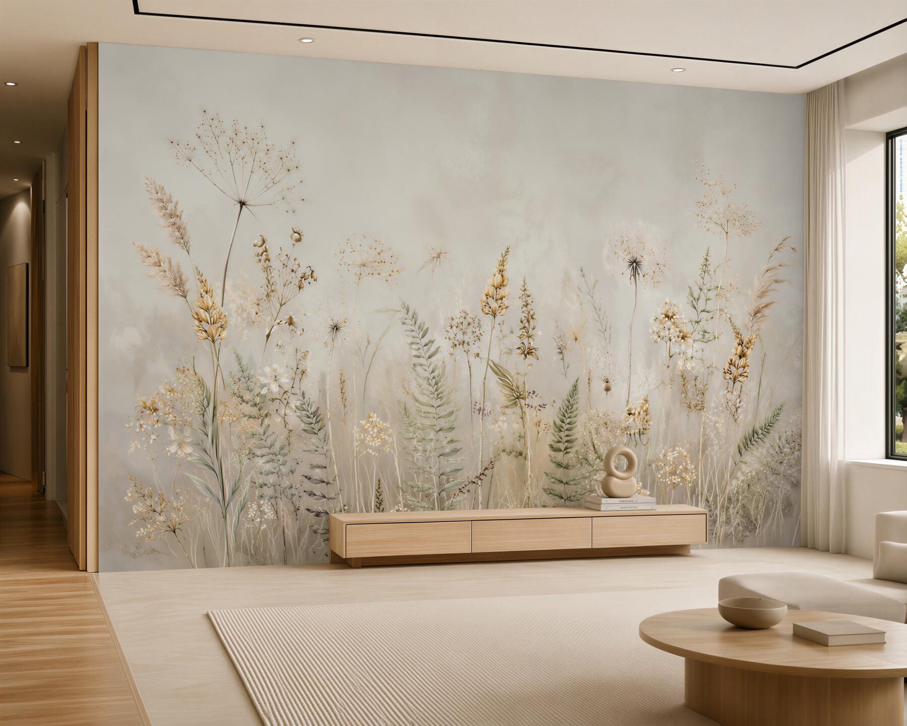 Fototapeten beige Wildblumen und Gräser im romantischen Stil