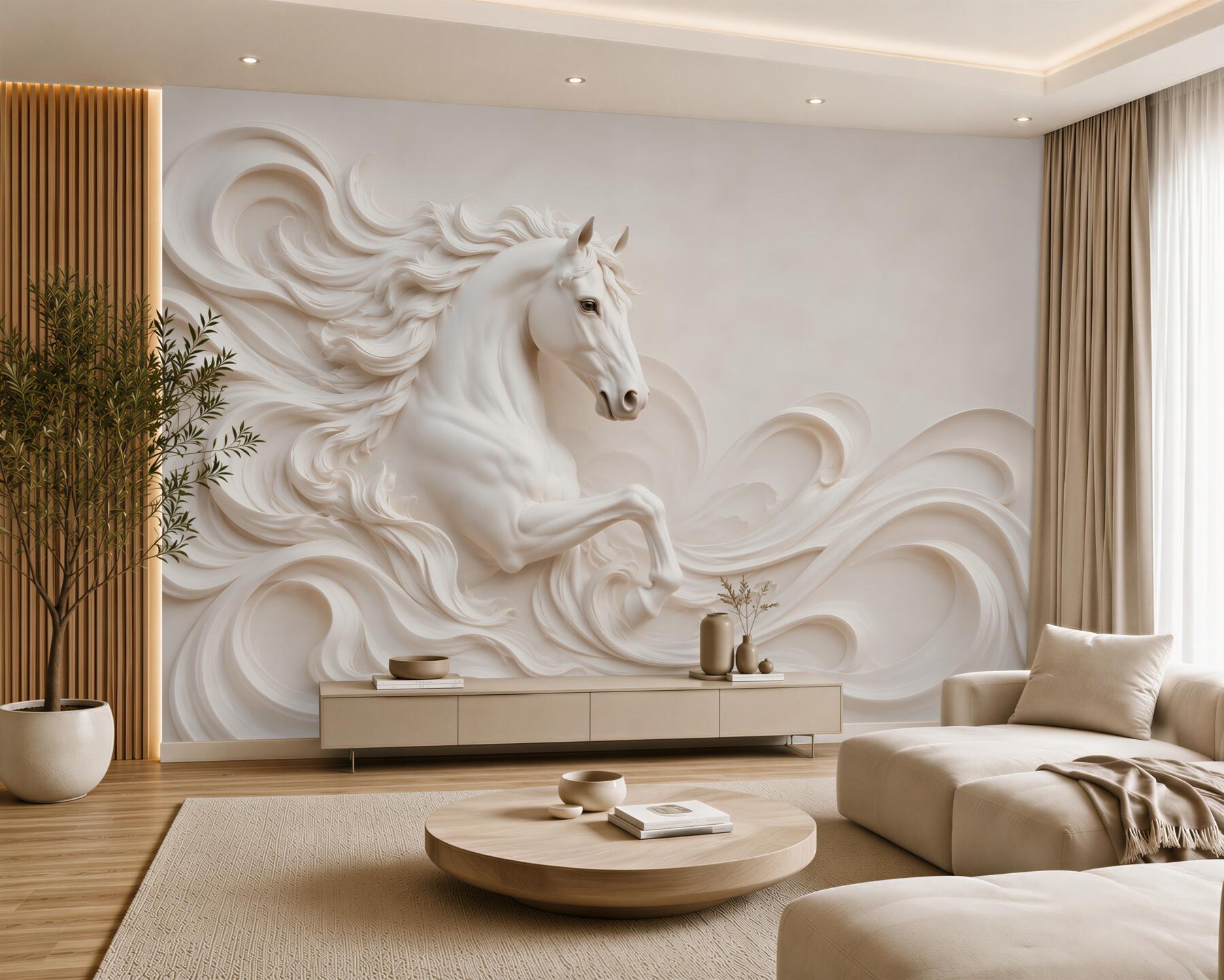 Fototapeten weißes 3D-Pferd in den Wellen elegante Wanddekoration