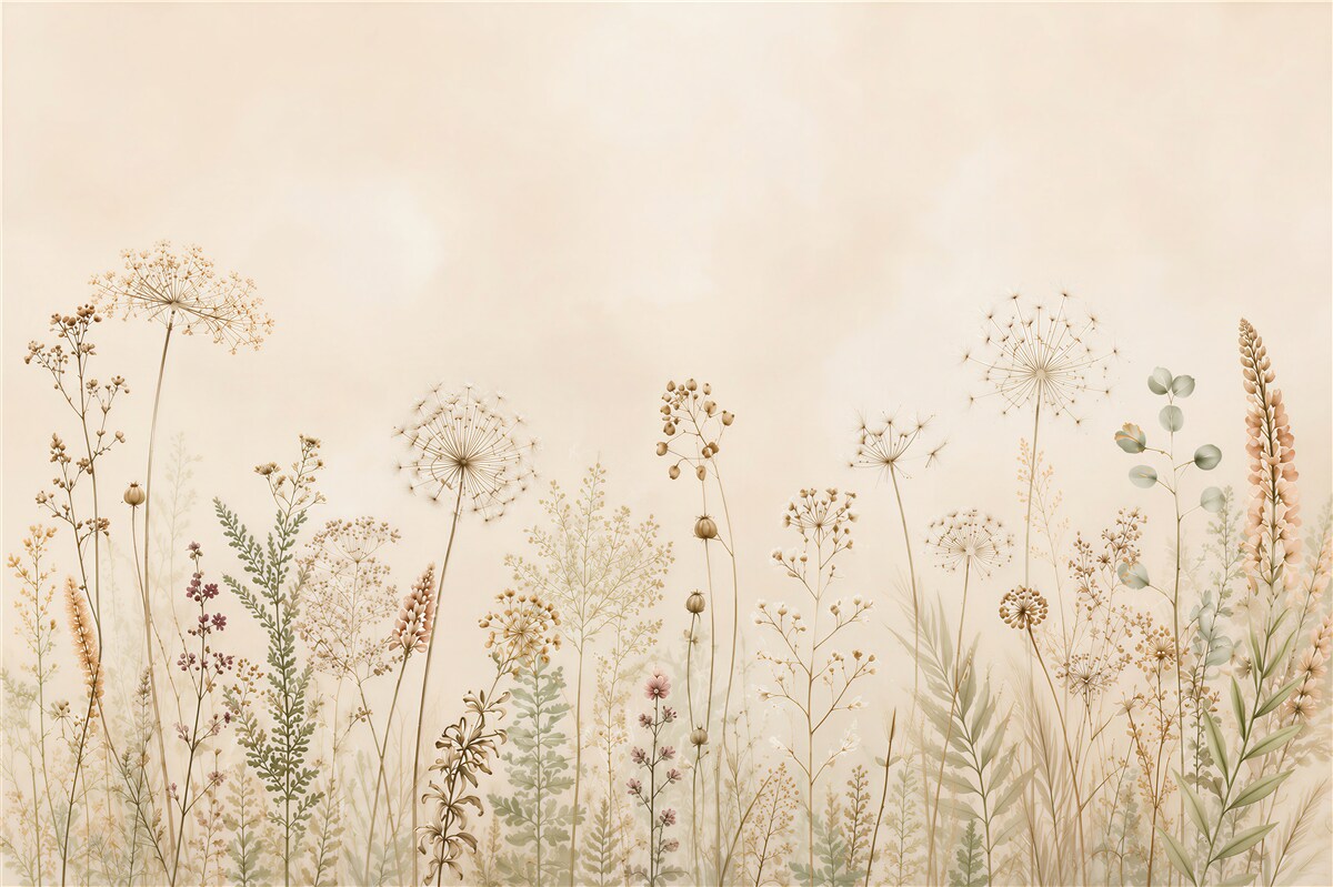 Fototapeten Wiese mit Löwenzahn und Wildpflanzen in Beige