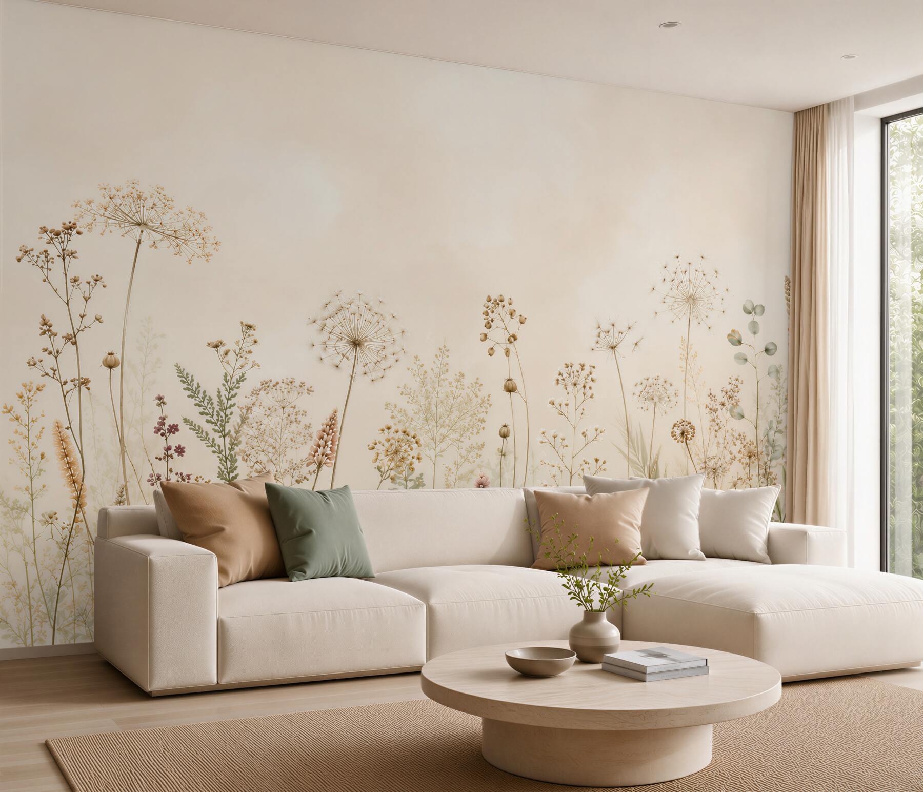 Fototapeten Wiese mit Löwenzahn und Wildpflanzen in Beige