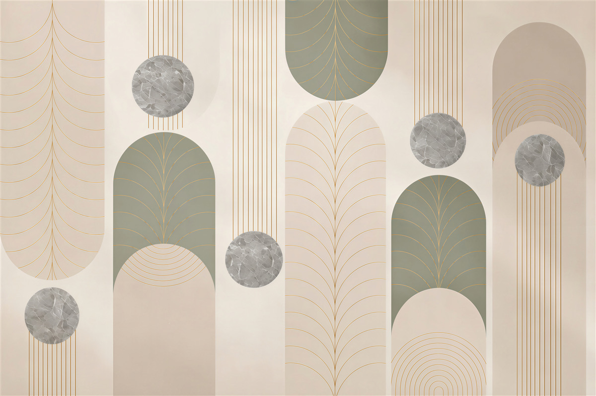 Fototapeten geometrische Bögen Art Deco beige und grau mit Gold