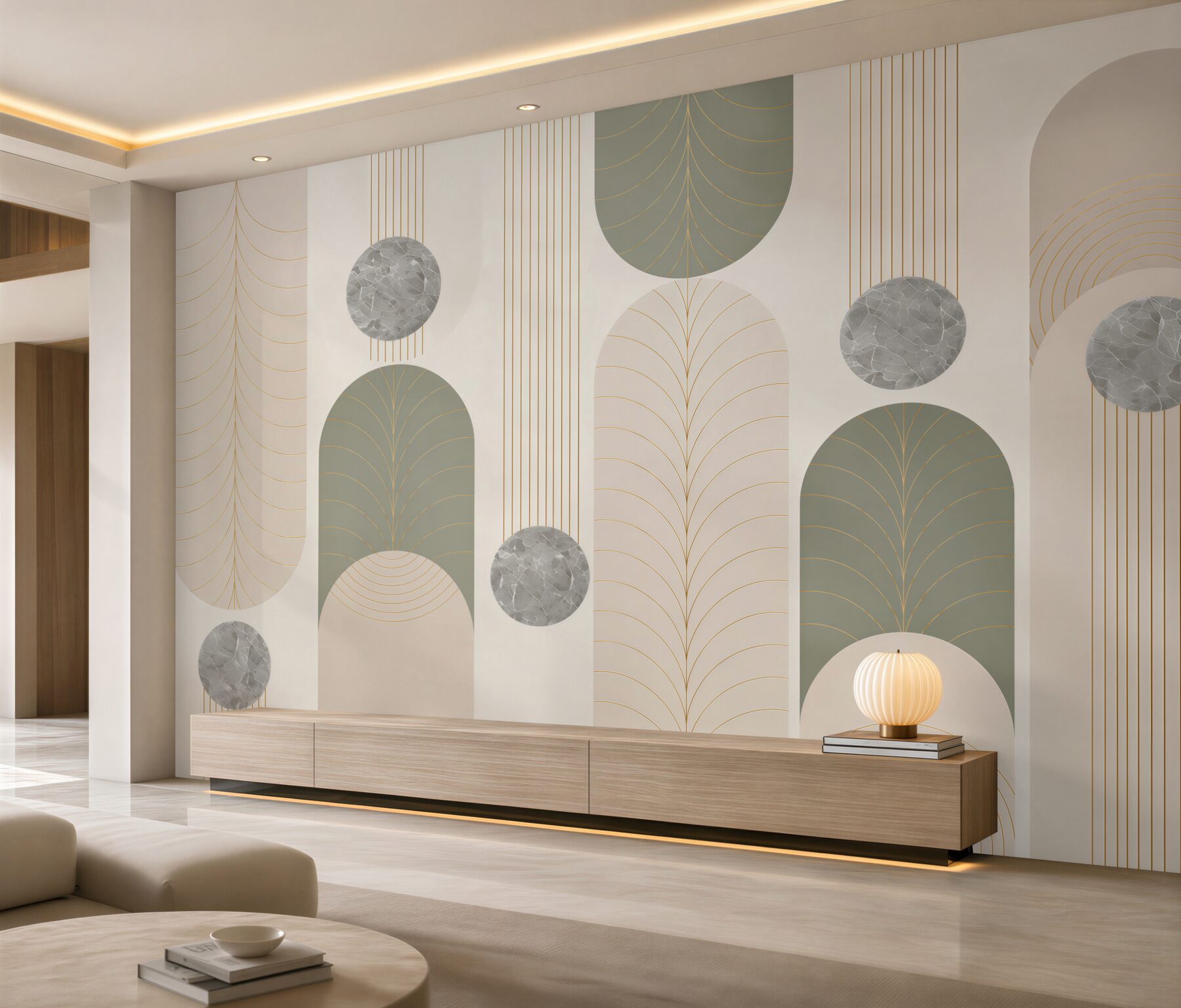 Fototapeten geometrische Bögen Art Deco beige und grau mit Gold
