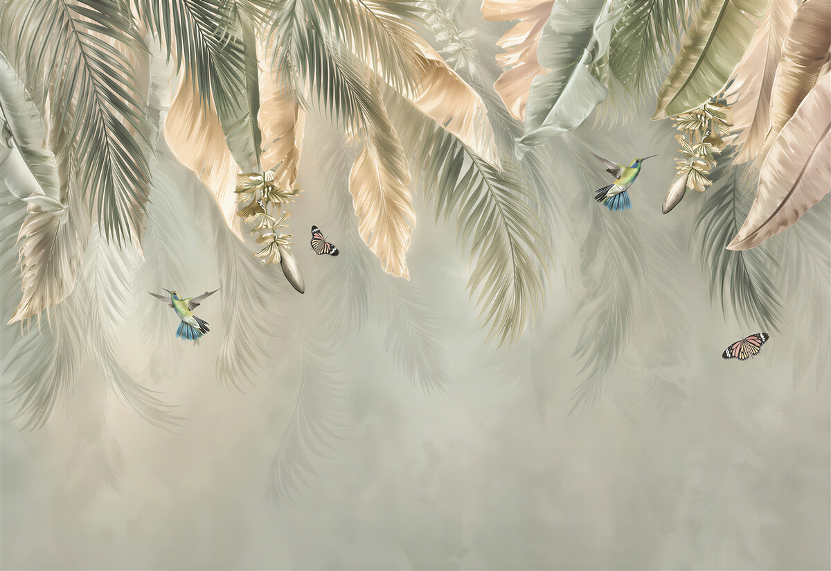 Fototapeten tropische Blätter mit Kolibris in Beige und Grün
