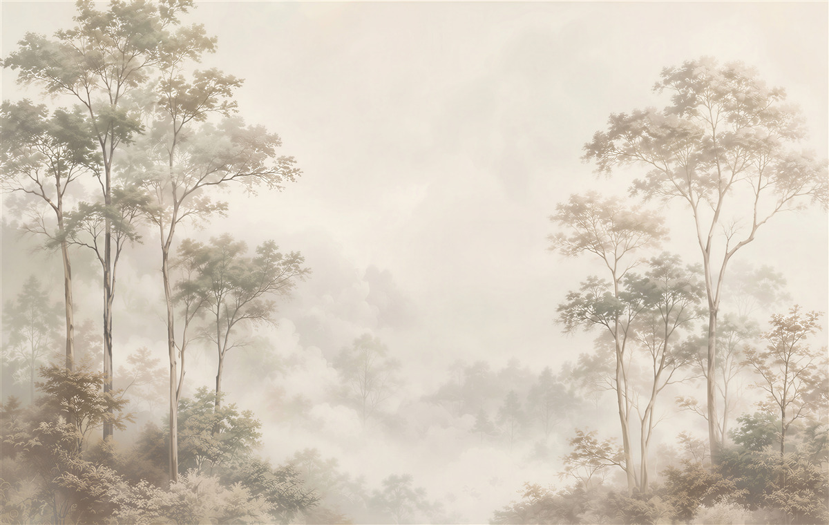 Fototapeten Wald im Nebel beige ruhige Landschaft für das Wohnzimmer