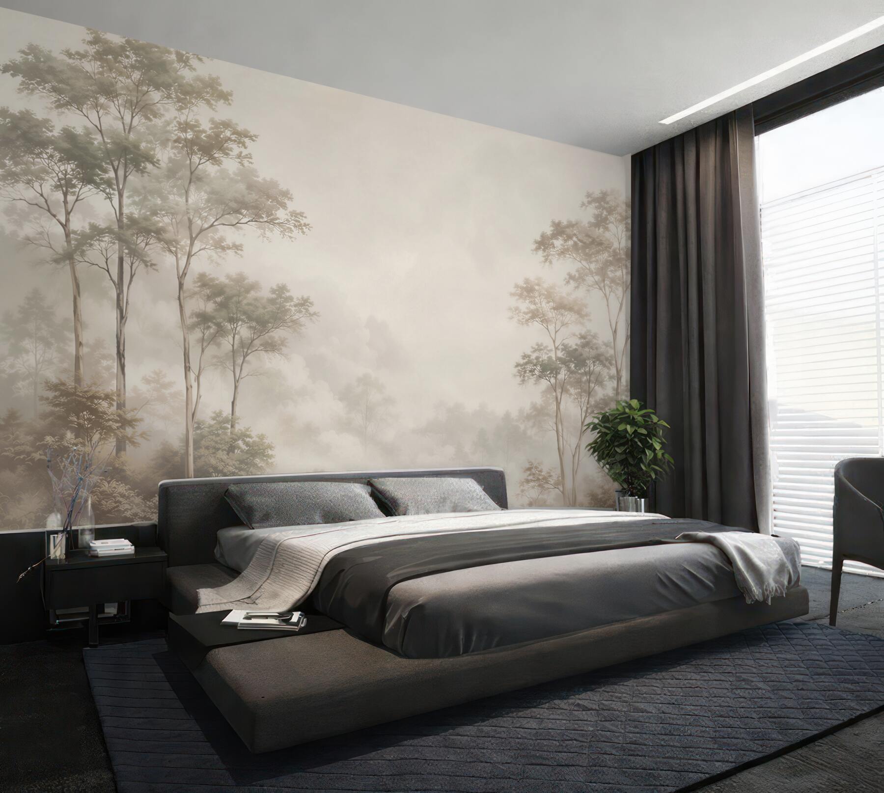 Fototapeten Wald im Nebel beige ruhige Landschaft für das Wohnzimmer