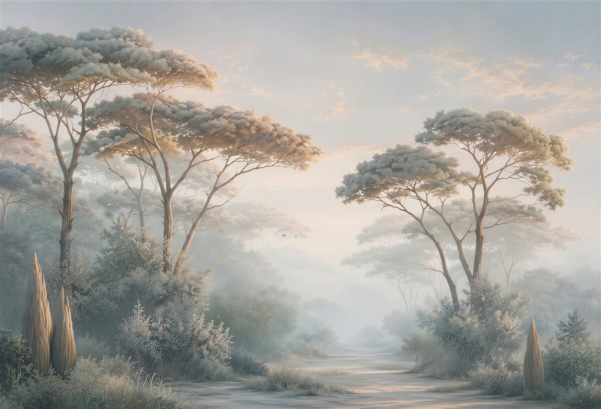 Fototapeten Waldlandschaft im Nebel mit hohen Bäumen