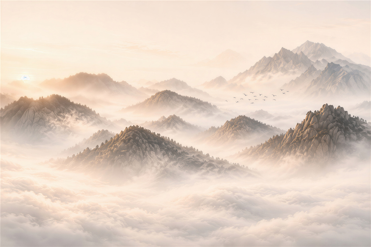 Fototapeten Berge im Nebel bei Sonnenaufgang ruhige Panorama