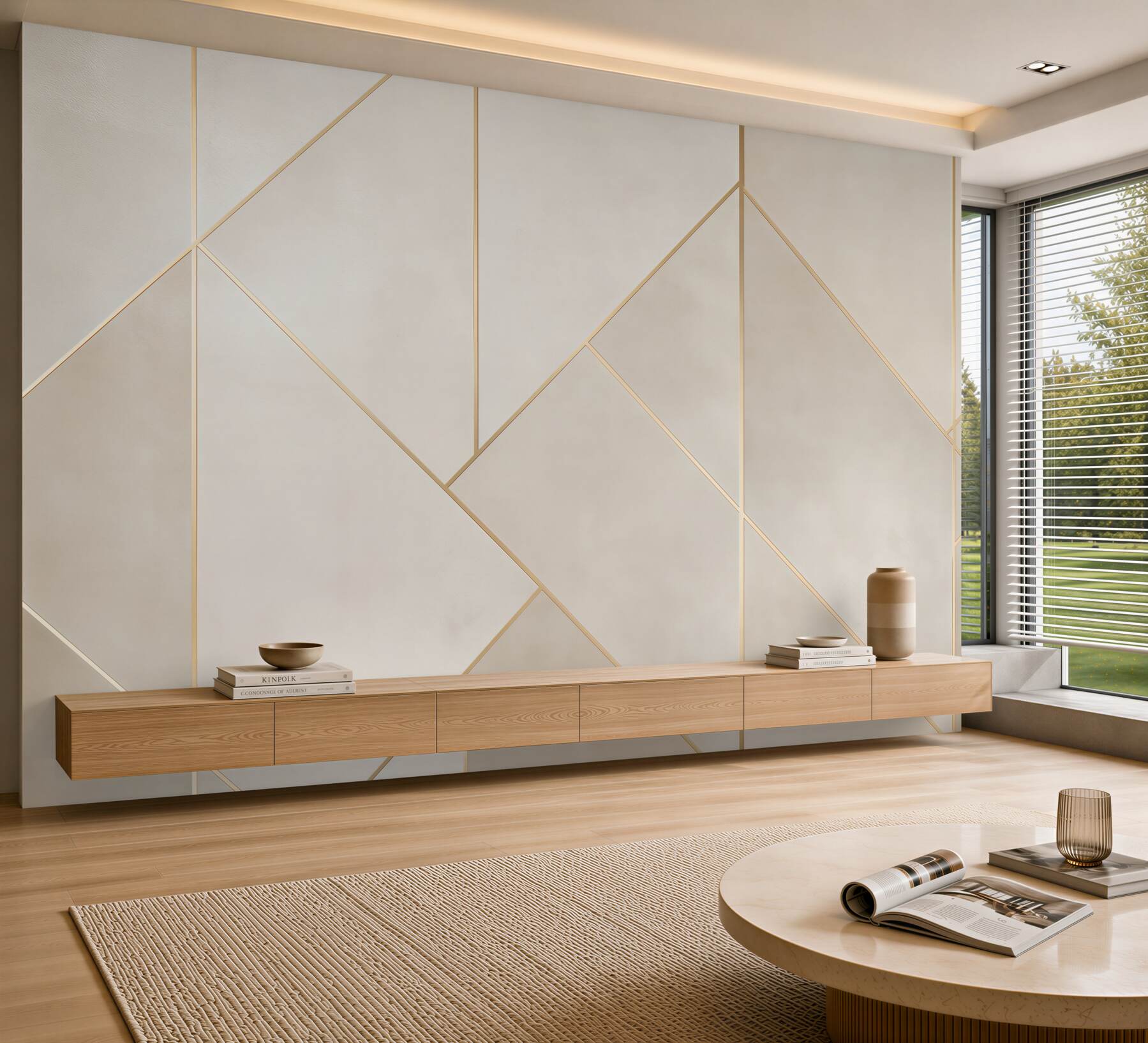 Fototapeten geometrische goldene Linien auf beigem Hintergrund modern