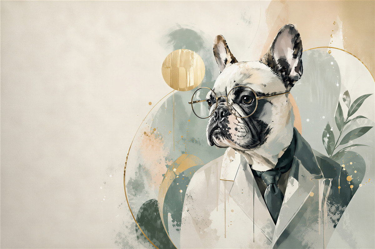 Fototapeten französische Bulldogge im Anzug mit Brille modernes Porträt