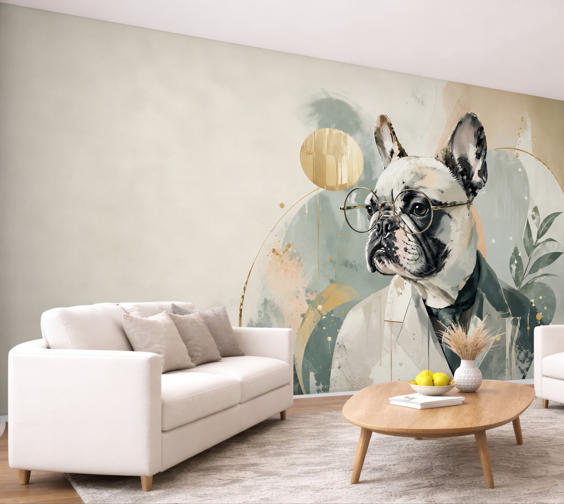 Fototapeten französische Bulldogge im Anzug mit Brille modernes Porträt