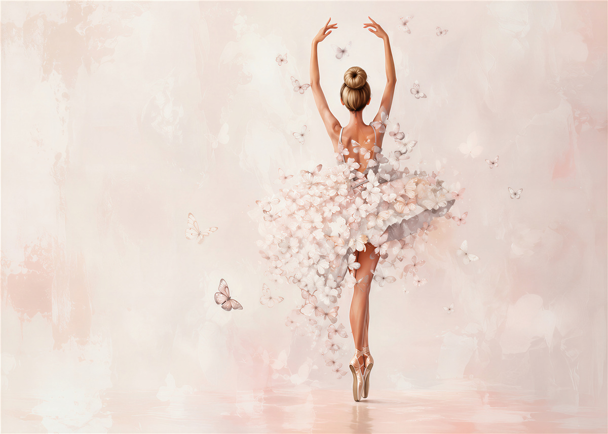 Fototapeten Ballerina mit Schmetterlingen in pudrigem Rosa für das Mädchenzimmer