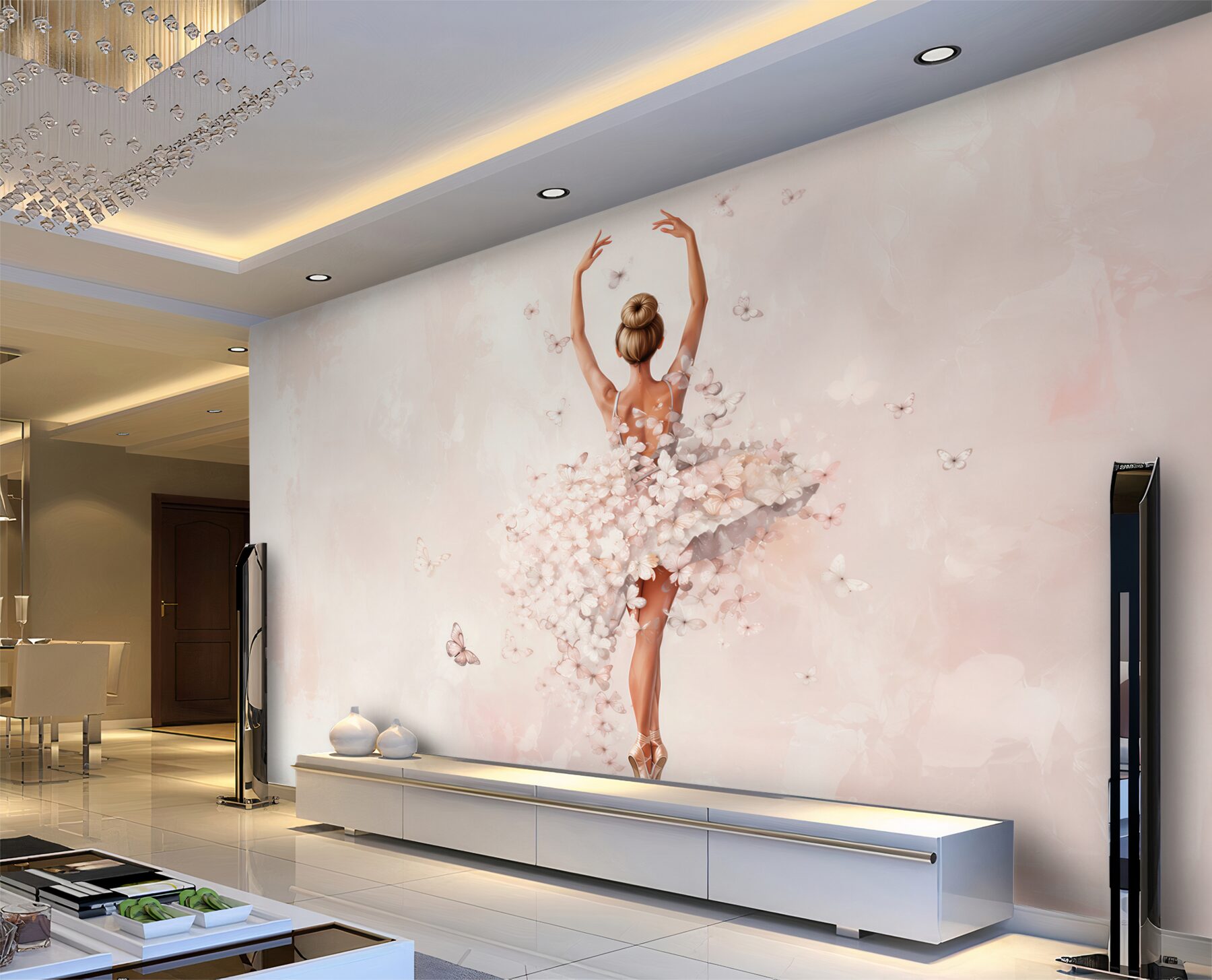 Fototapeten Ballerina mit Schmetterlingen in pudrigem Rosa für das Mädchenzimmer