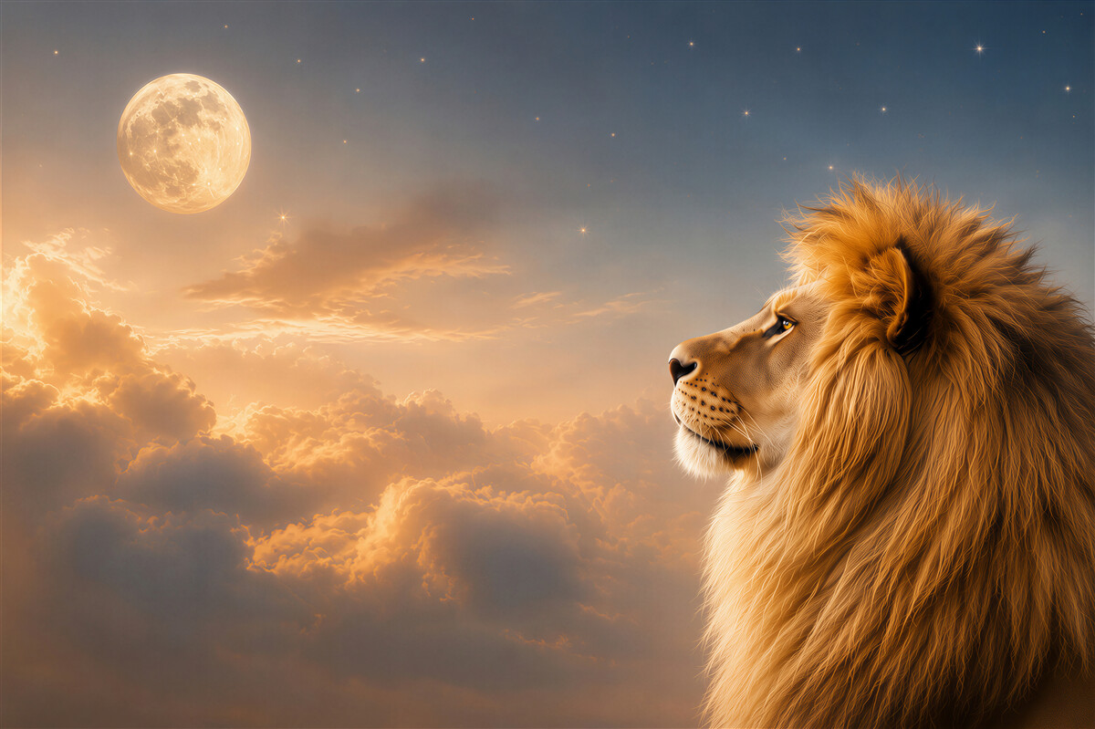 Fototapeten Löwe unter dem Mond in goldenen Wolken