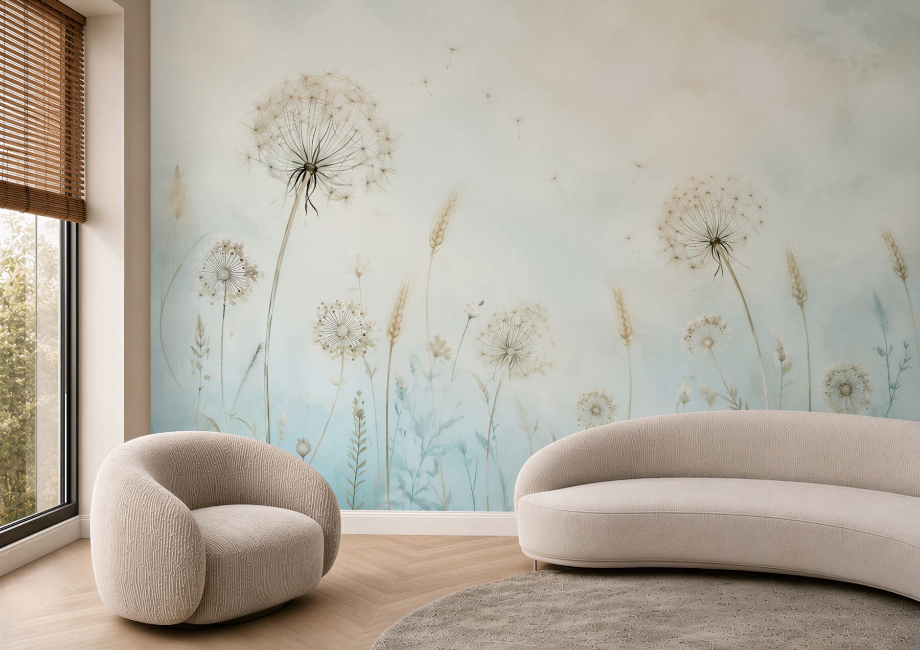 Fototapeten Löwenzähne und Gräser pastellblau-beige für ruhiges Schlafzimmer