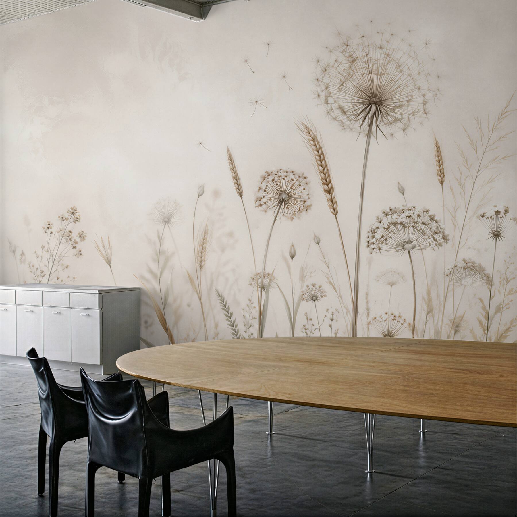 Fototapeten Löwenzähne und Gräser beige minimalistische Wiese für das Wohnzimmer
