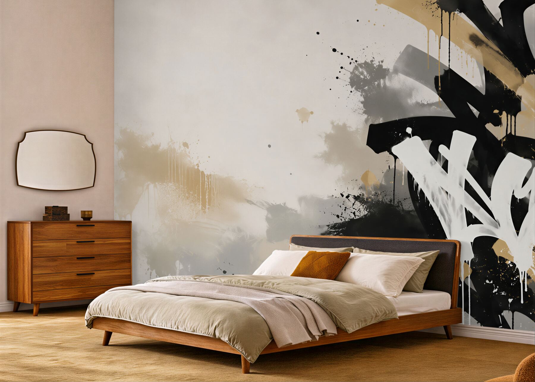 Fototapeten abstraktes Graffiti in Schwarz und Gold im Street-Art-Stil