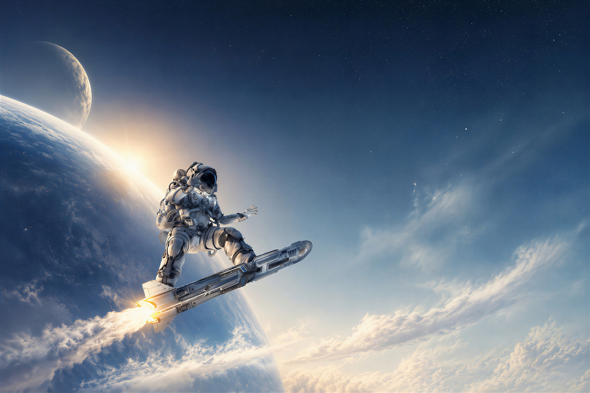 Fototapeten Astronaut auf einer Rakete im Weltraum futuristisches Abenteuer