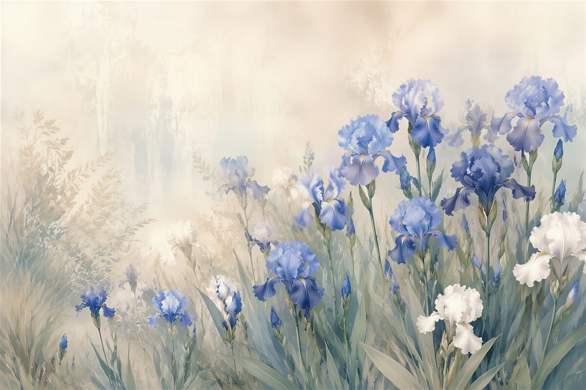 Fototapeten blaue und weiße Iris auf einer pastellfarbenen Wiese