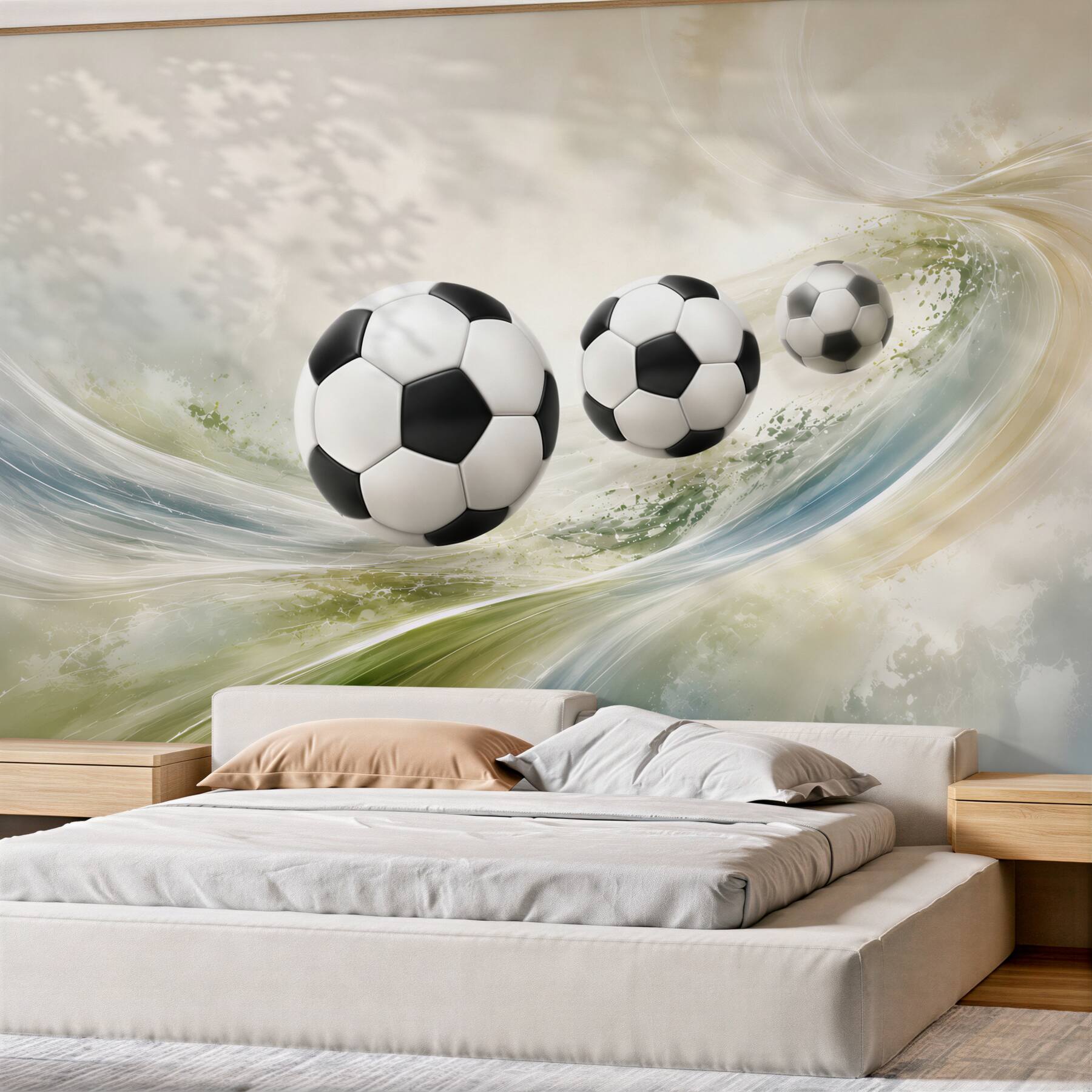 Fototapeten Fußballbälle in dynamischer Bewegung für das Zimmer eines Jungen