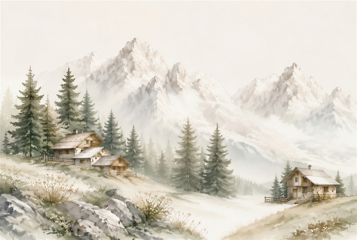Fototapeten Berghütten und Fichten in einer hellen Alpenlandschaft