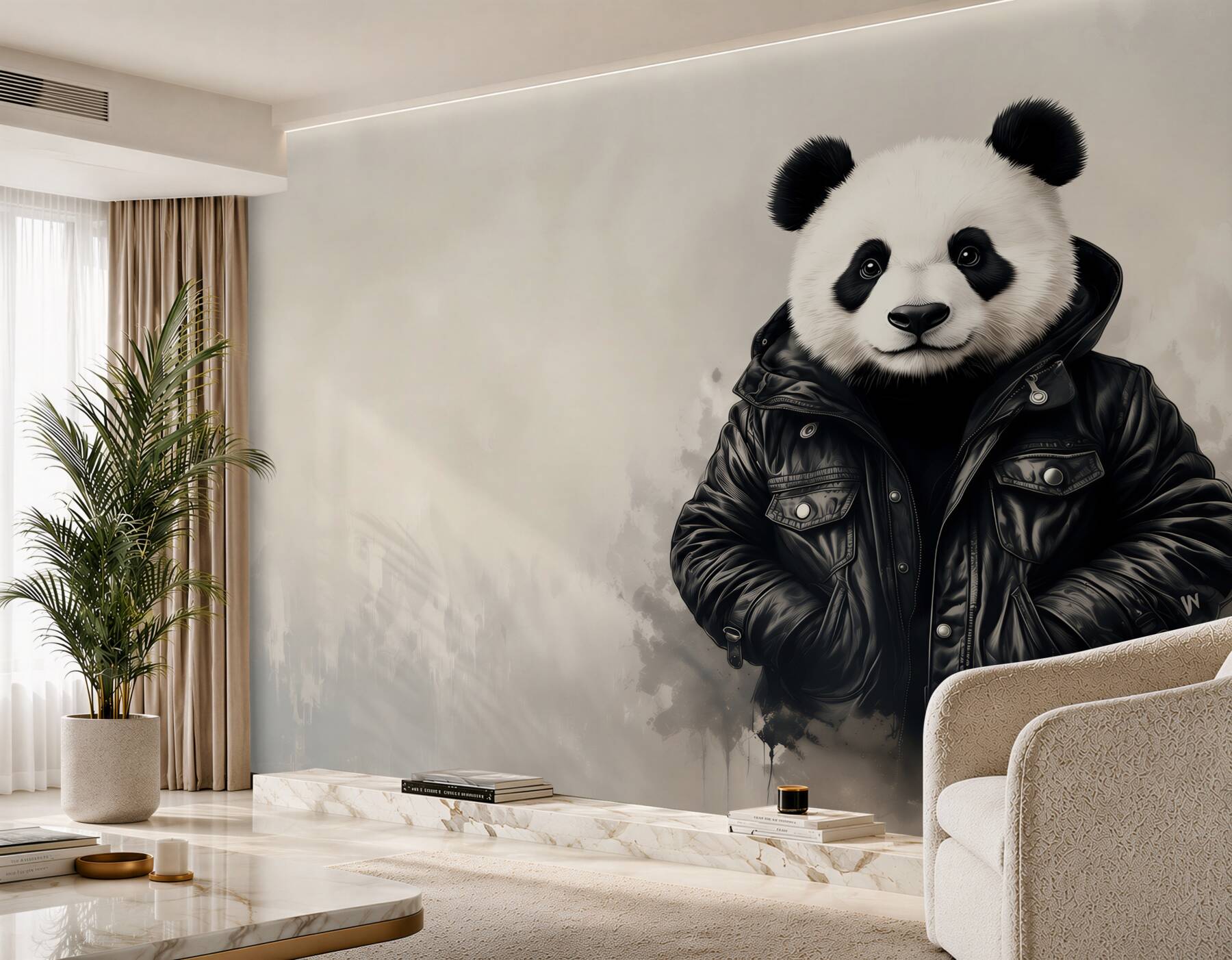 Fototapeten Panda in schwarzer Jacke moderner Street-Art-Stil