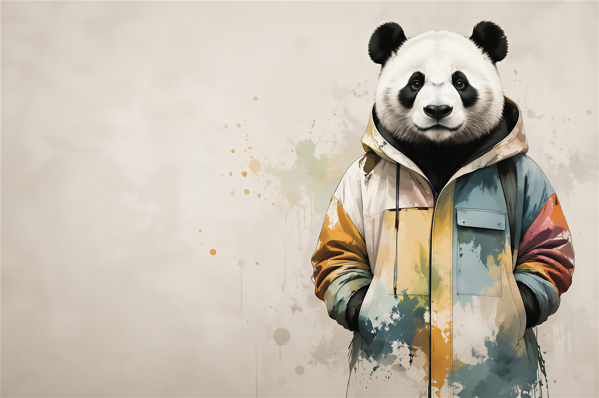 Fototapeten Panda in bunter Jacke moderne Dekoration für das Zimmer