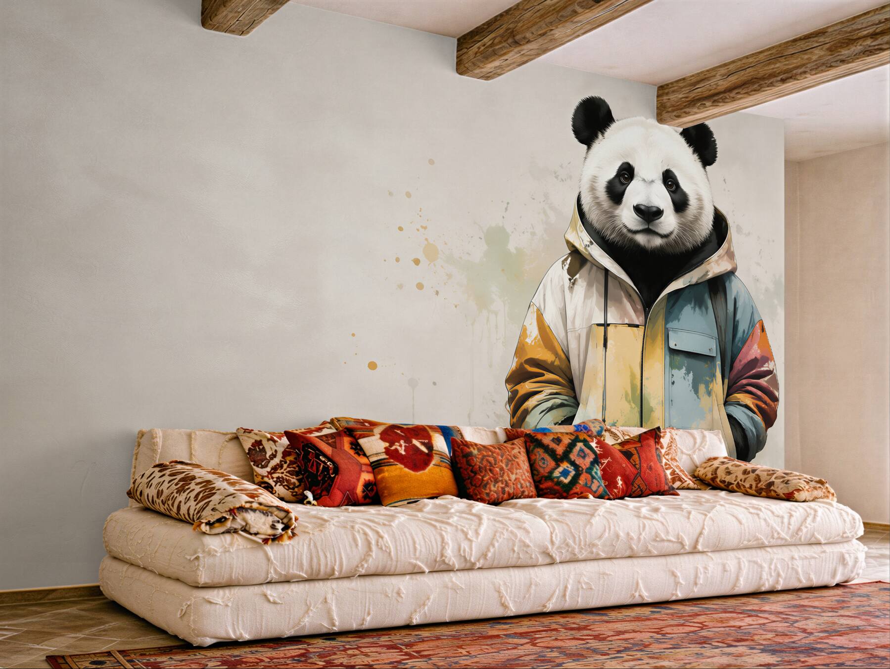 Fototapeten Panda in bunter Jacke moderne Dekoration für das Zimmer