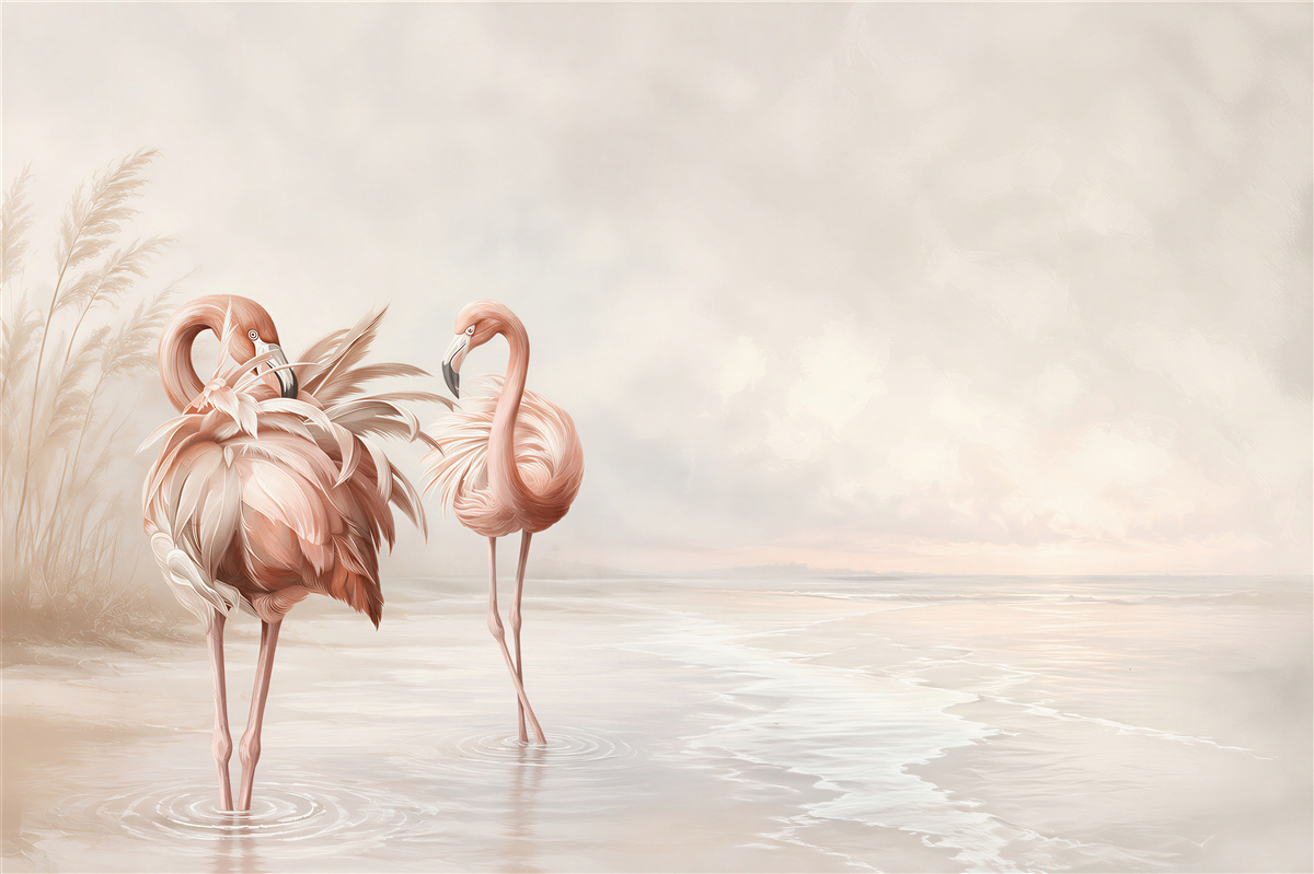 Fototapeten rosa Flamingos an einem ruhigen Strand in pastellfarbenem Beige