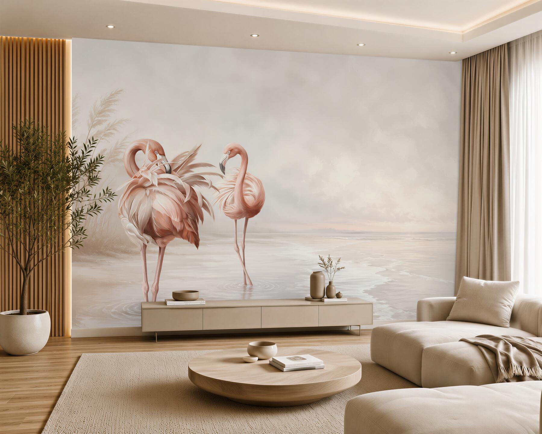 Fototapeten rosa Flamingos an einem ruhigen Strand in pastellfarbenem Beige