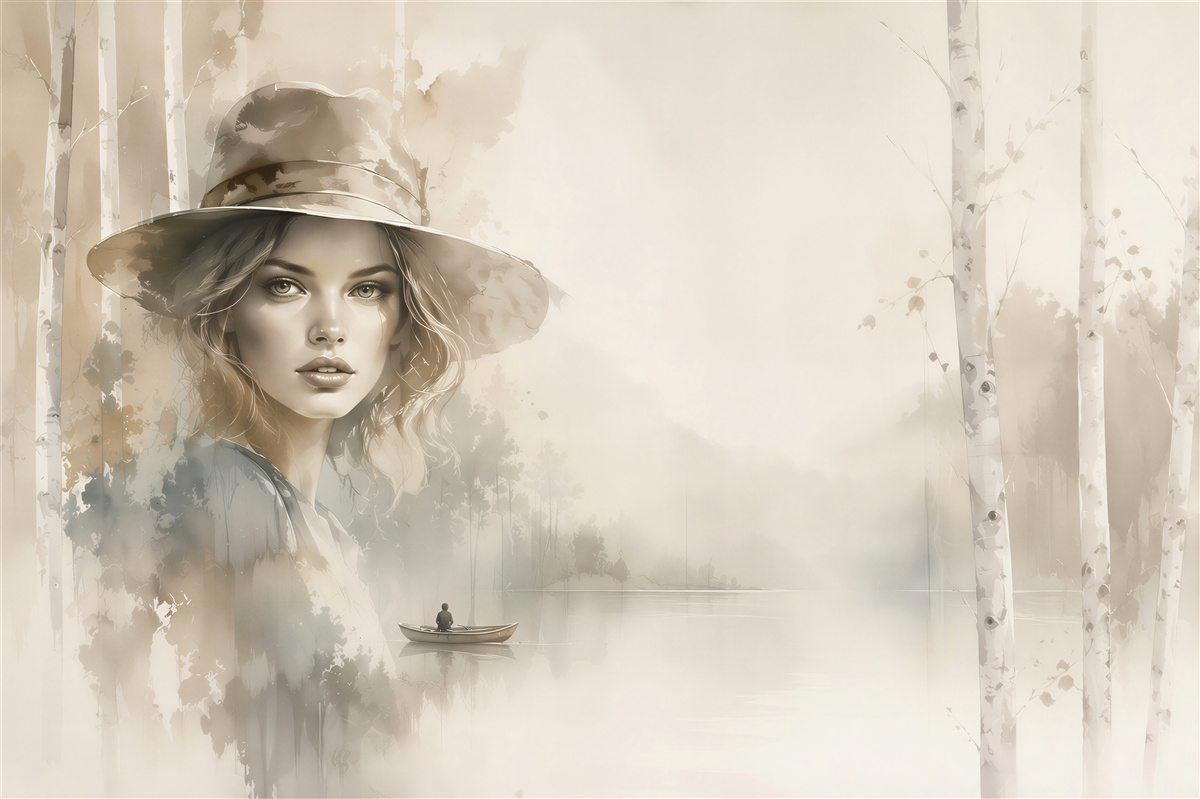 Fototapeten Frau mit Hut am See zwischen Birken