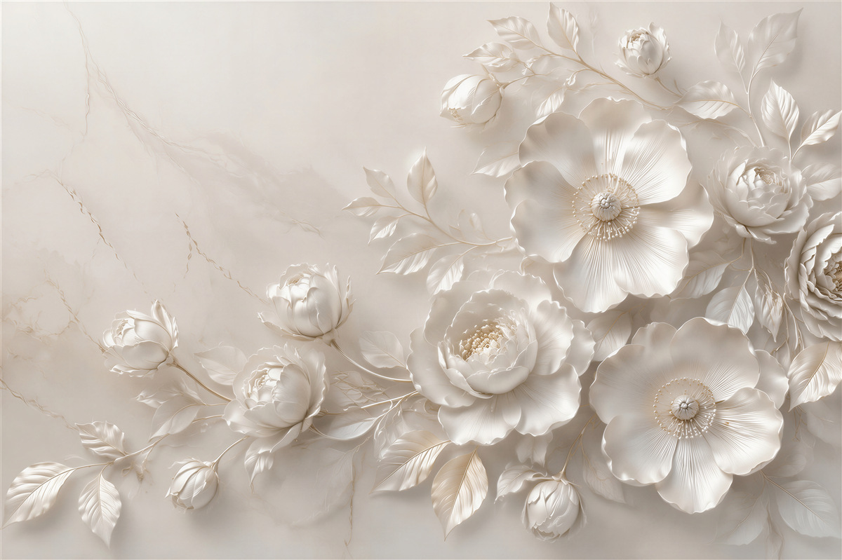 Fototapeten weiße 3D-Blumen auf hellem Marmor elegant für das Schlafzimmer