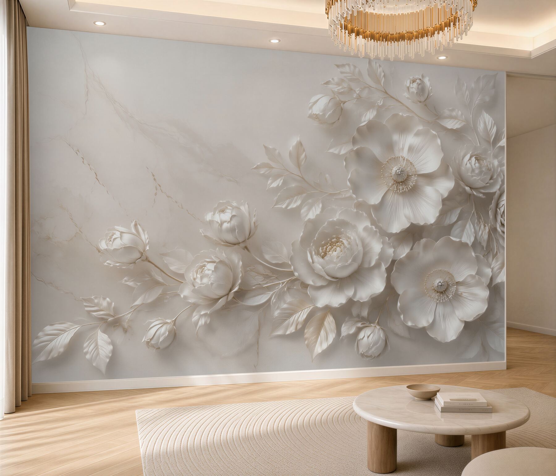 Fototapeten weiße 3D-Blumen auf hellem Marmor elegant für das Schlafzimmer
