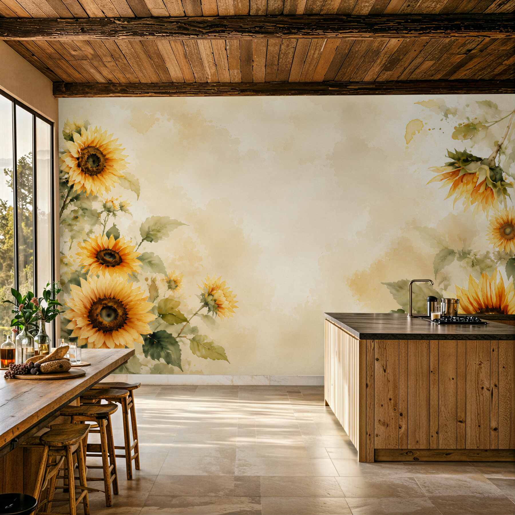Fototapeten gelbe Sonnenblumen auf hellem rustikalem Hintergrund