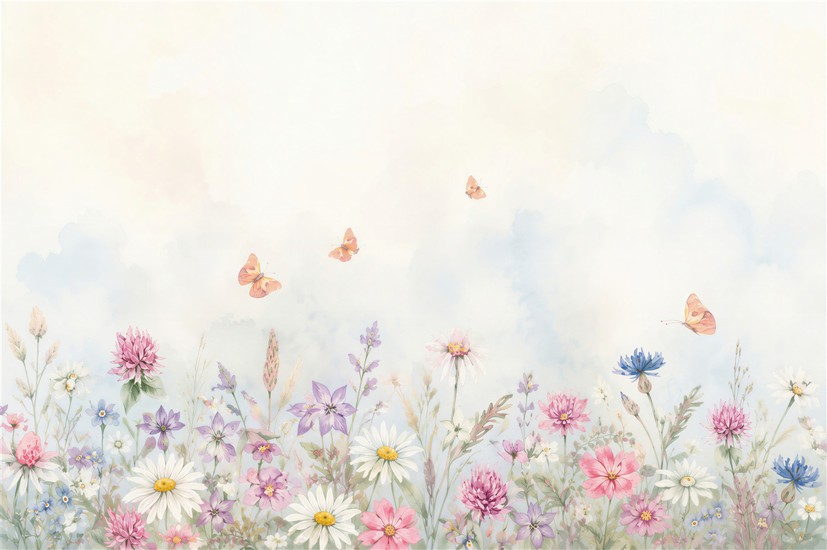 Fototapeten pastellfarbene Blumenwiese mit Schmetterlingen und Gänseblümchen