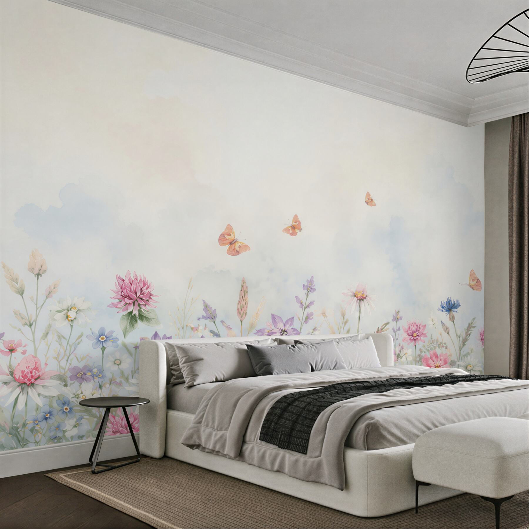 Fototapeten pastellfarbene Blumenwiese mit Schmetterlingen und Gänseblümchen