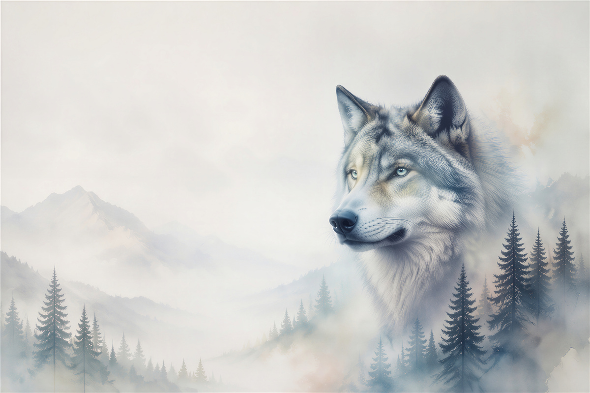 Fototapeten Wolf im Bergnebel mit Wald in kühlen Grautönen
