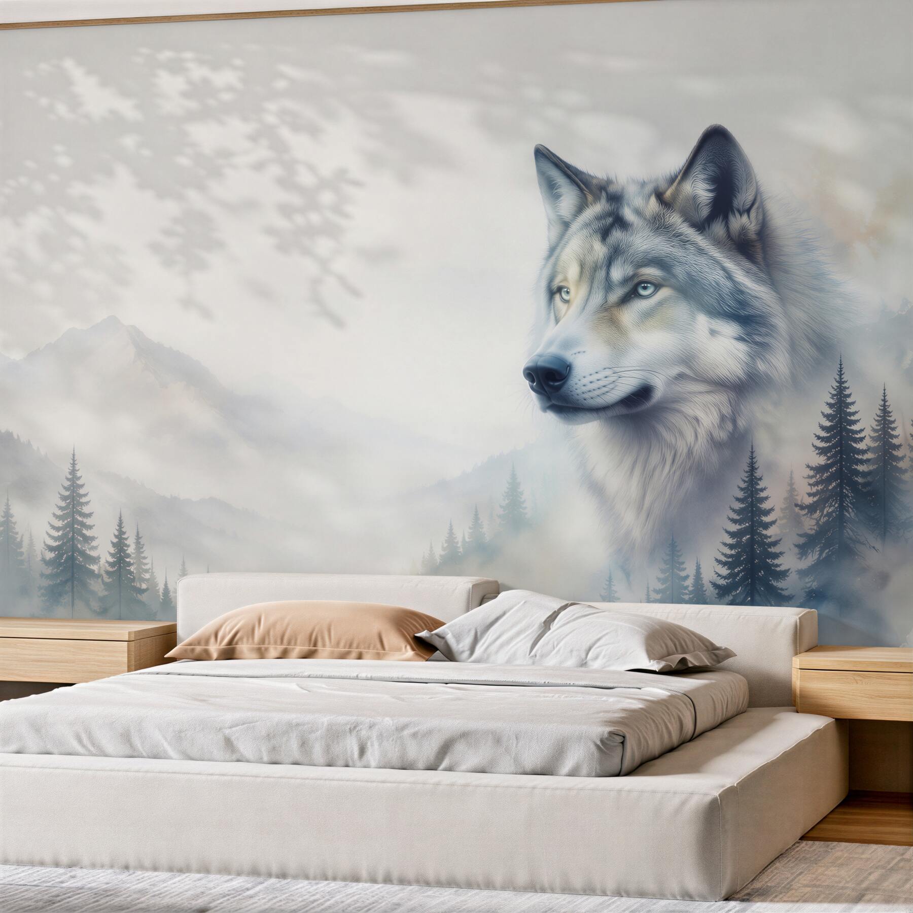 Fototapeten Wolf im Bergnebel mit Wald in kühlen Grautönen
