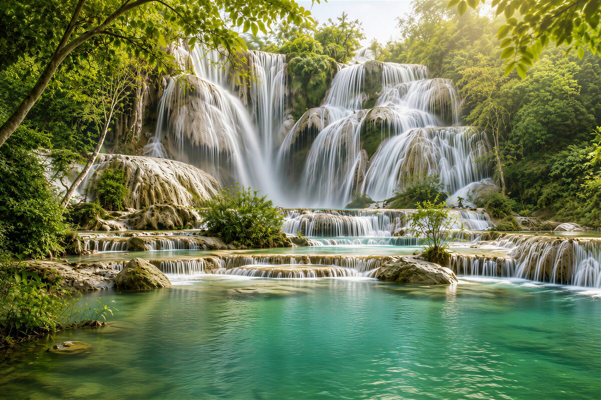 Fototapeten Wasserfall im grünen Dschungel mit türkisfarbener Lagune