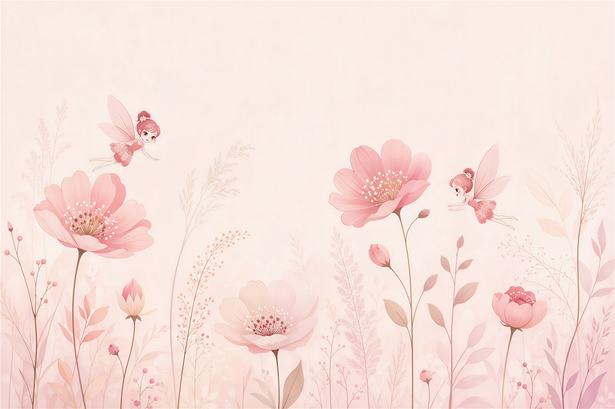 Fototapeten rosa Blumen mit Feen pastell für das Kinderzimmer