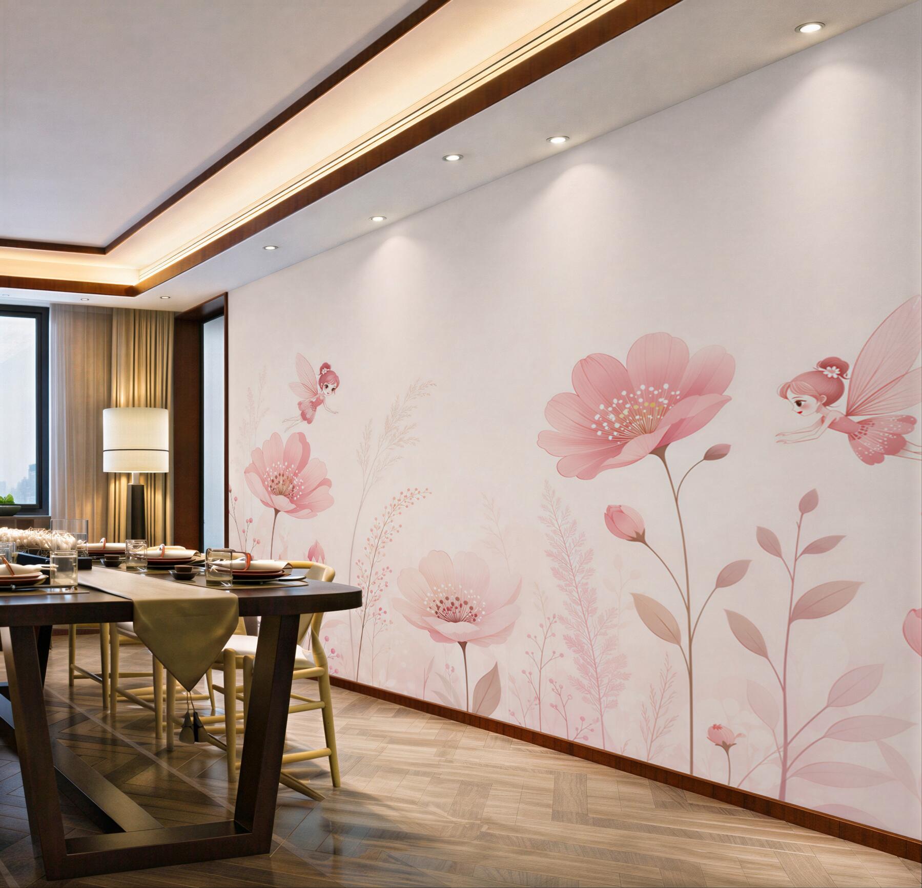 Fototapeten rosa Blumen mit Feen pastell für das Kinderzimmer